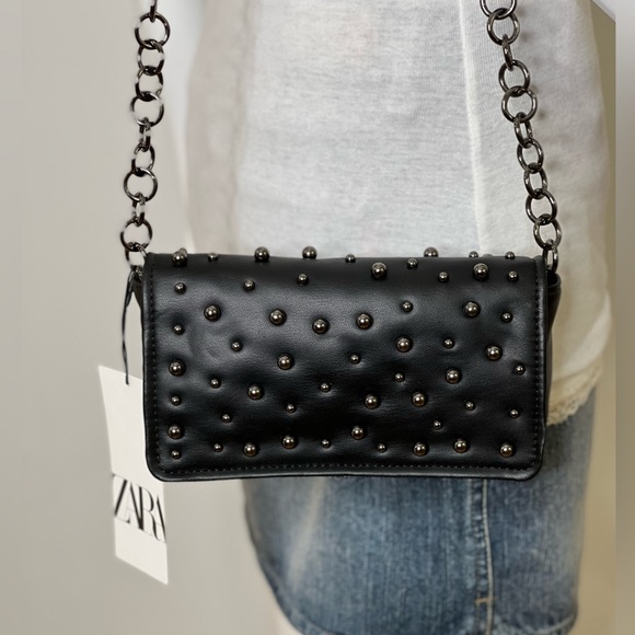 Zara Handbags - Zara Womens Crossbody Bag Beads Black Gray Steel Chain Purse Embellished beaded
